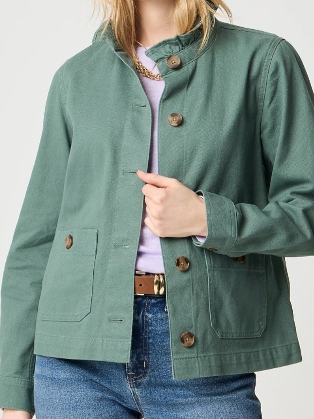 NWT J Crew 100% cotton ruffle-collar Green Field Jacket Size L.